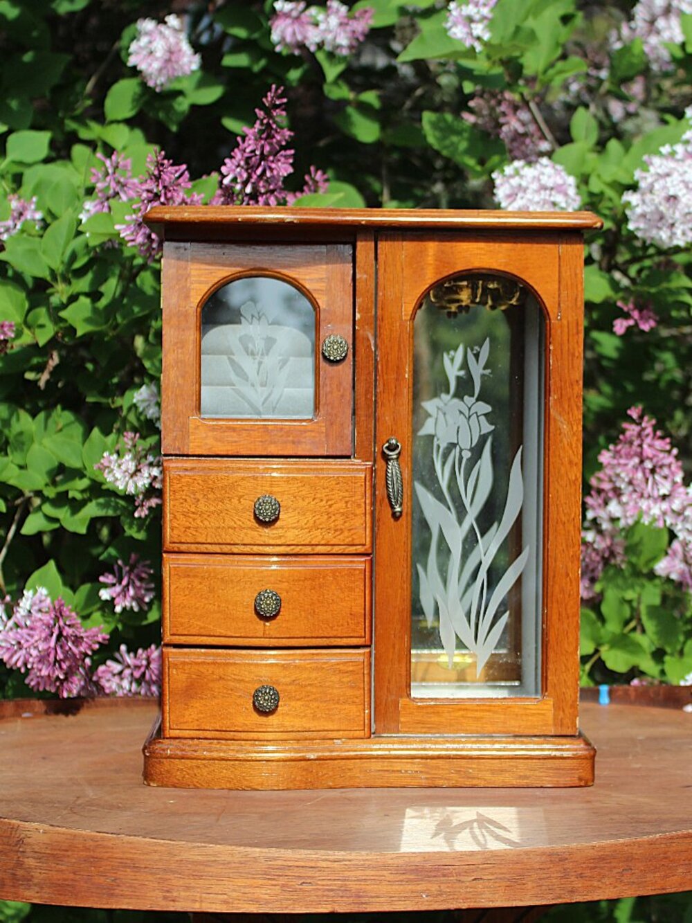 Vintage Wooden Jewelry Box Armoire Floral Etched Glass Doors 3 Drawers 12" Nice